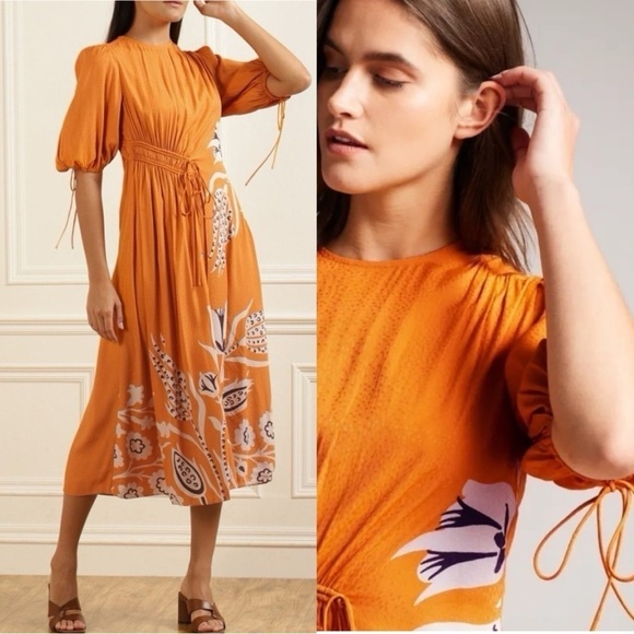 Ted Baker London Jeinay Orange Floral Print Crepe Midi Dress - Picture 1 of 14